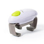 Ergonomic jar opener with green push button and adjustable gray grips for weak hands