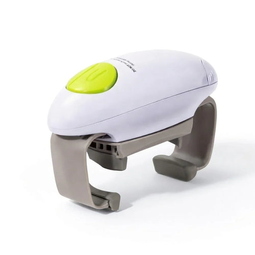 Ergonomic jar opener with green push button and adjustable gray grips for weak hands