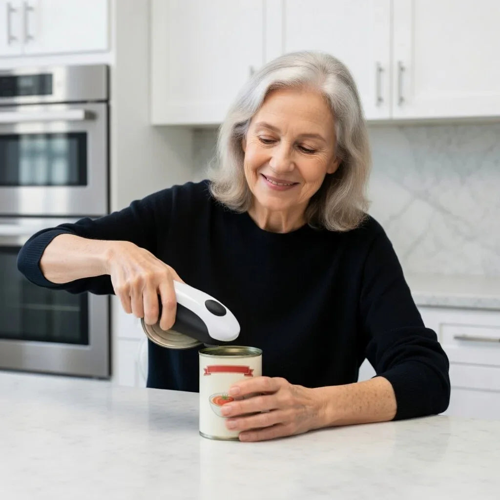 Older woman using ergonomic electric can opener on kitchen counter