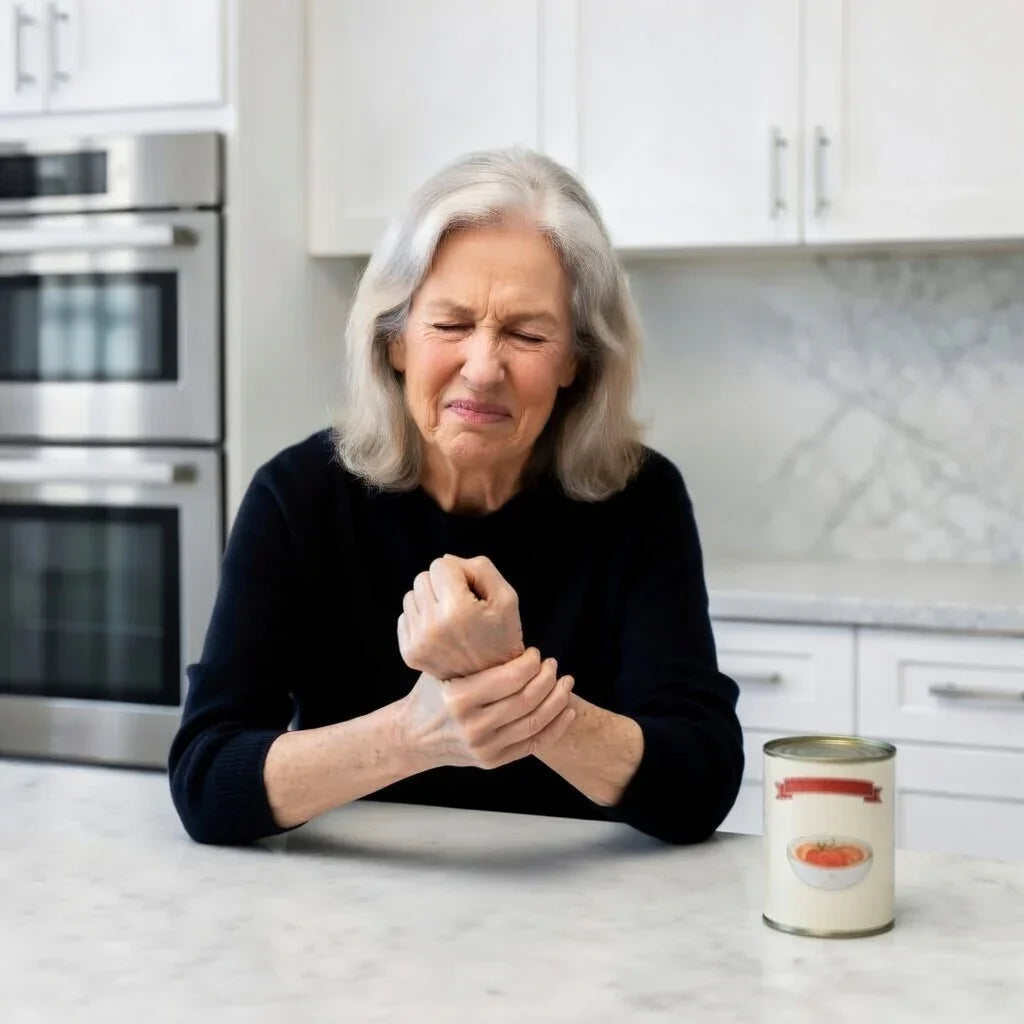 Senior woman in kitchen holding sore wrist, closed can on counter, arthritis pain concept