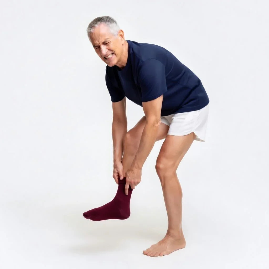 Older man struggling to put on maroon sock, showing difficulty with mobility or joint pain