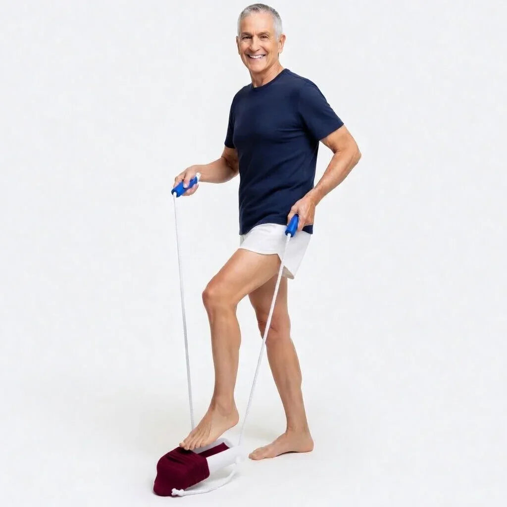 Man using sock aid device for easy sock application, adaptive aid for limited mobility