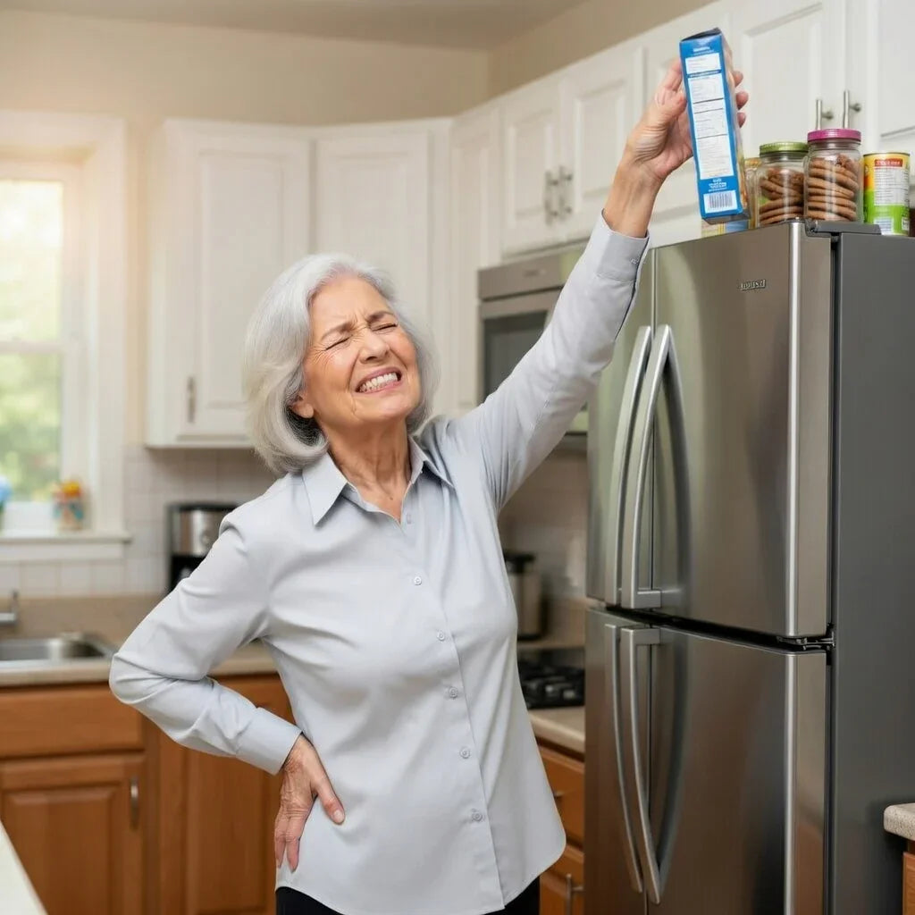 Senior woman in kitchen reaching for item on fridge, showing discomfort and limited mobility